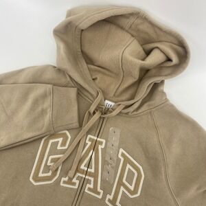Gap Heritage Full Zip Hoodie Women Large Khaki Tan Logo Fleece Sweatshirt
